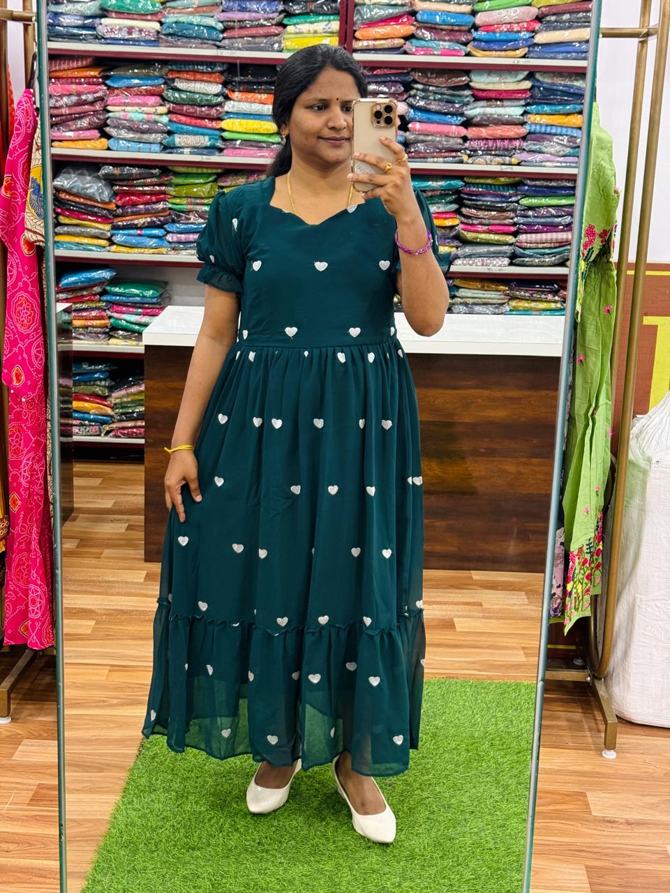 Hearts Georgette Frocks - Bottle Green