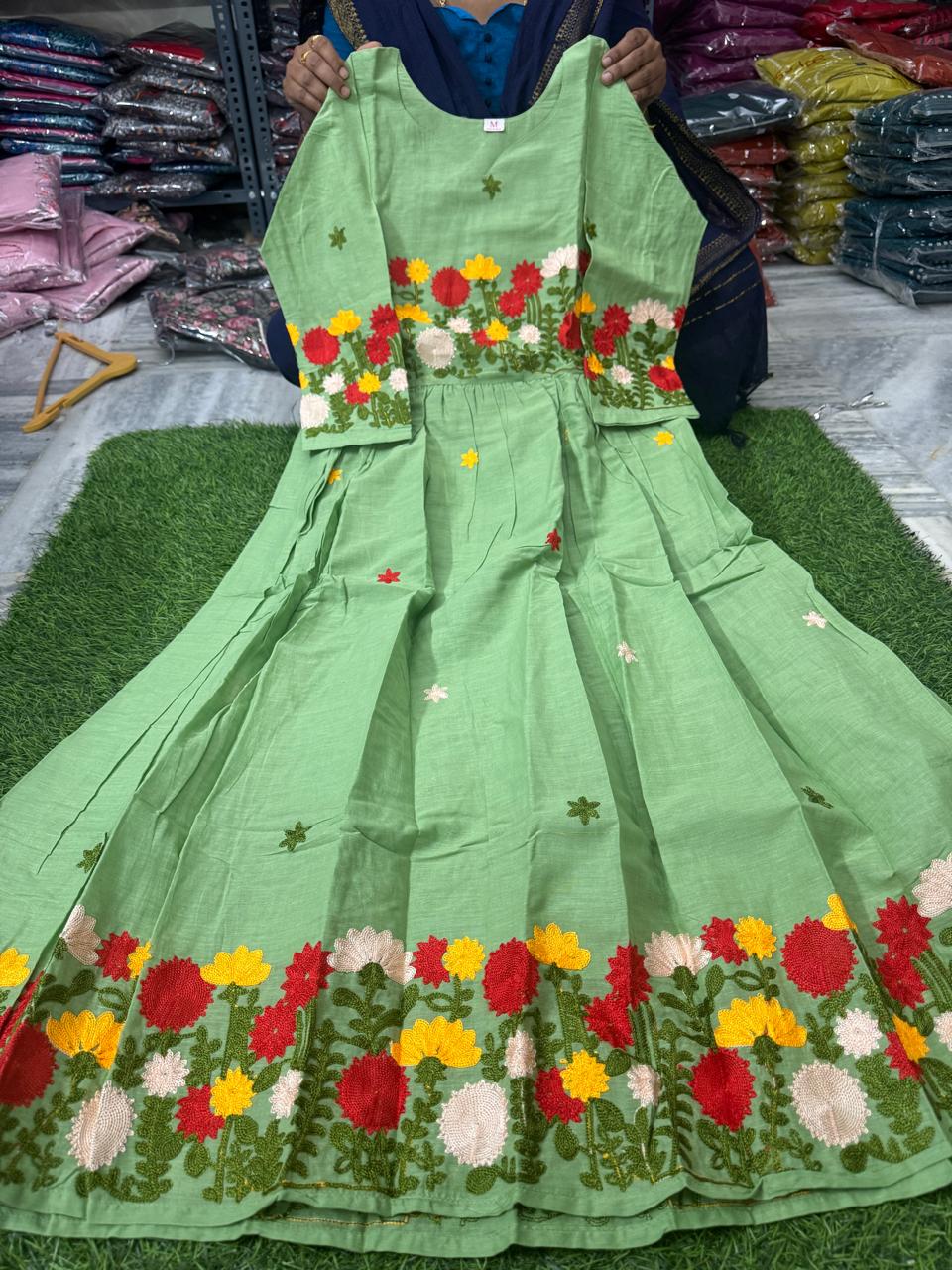 Mul Cotton Frocks-Pista Green