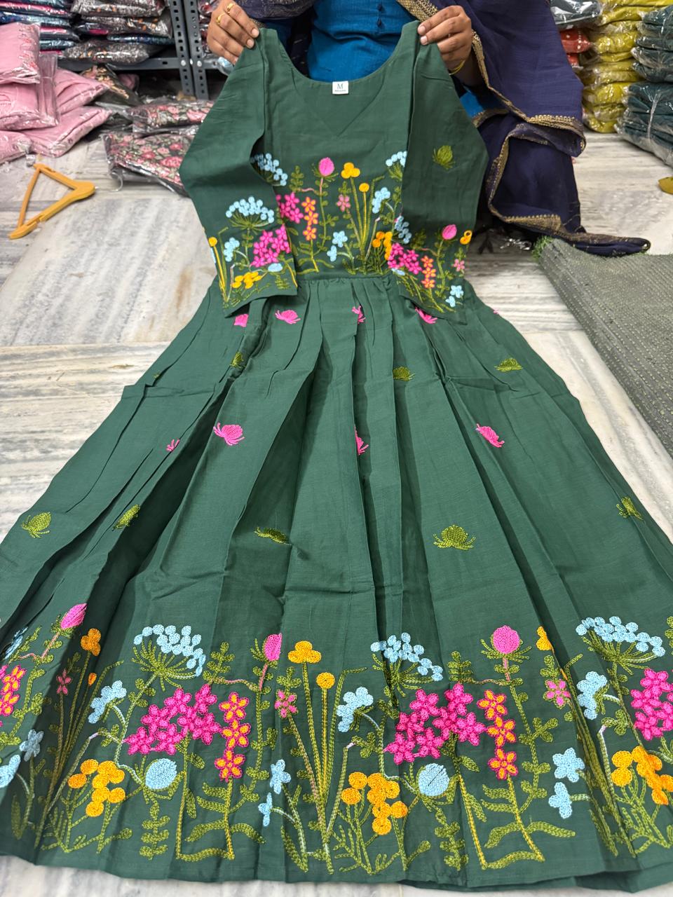 Mul Cotton Frocks-Bottle Green