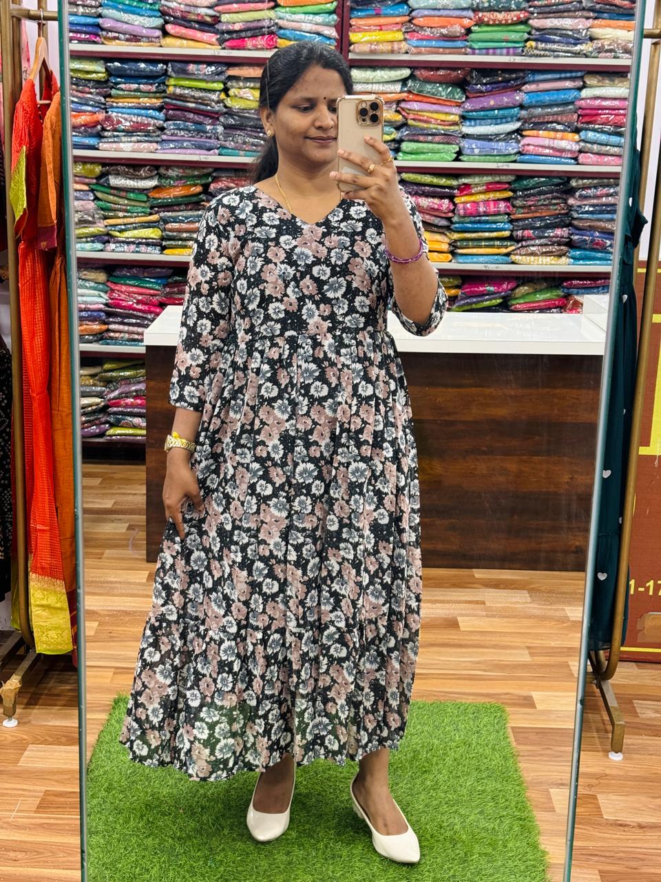 Floral Georgette Frocks-Black