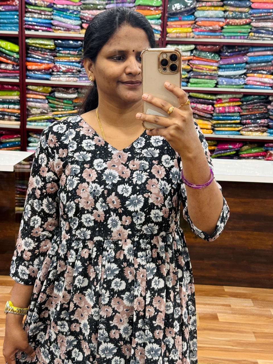 Floral Georgette Frocks-Black