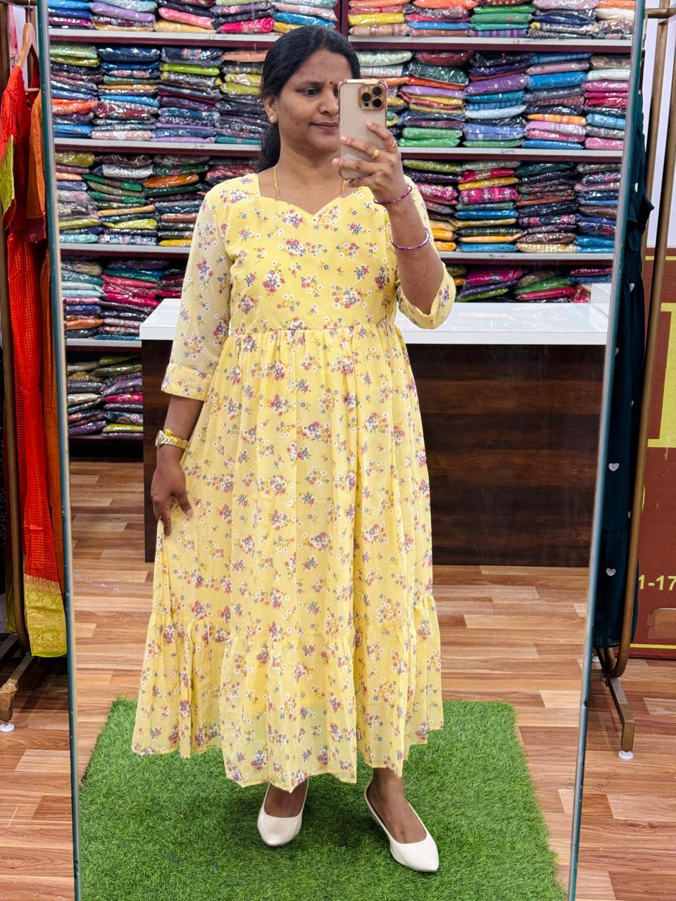 Floral Georgette Frocks-Yellow
