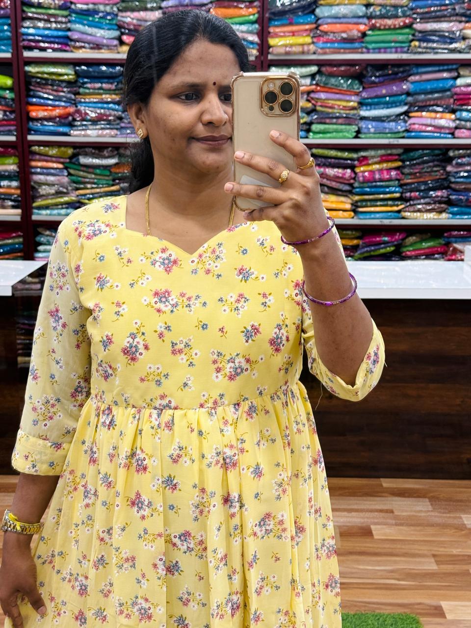 Floral Georgette Frocks-Yellow