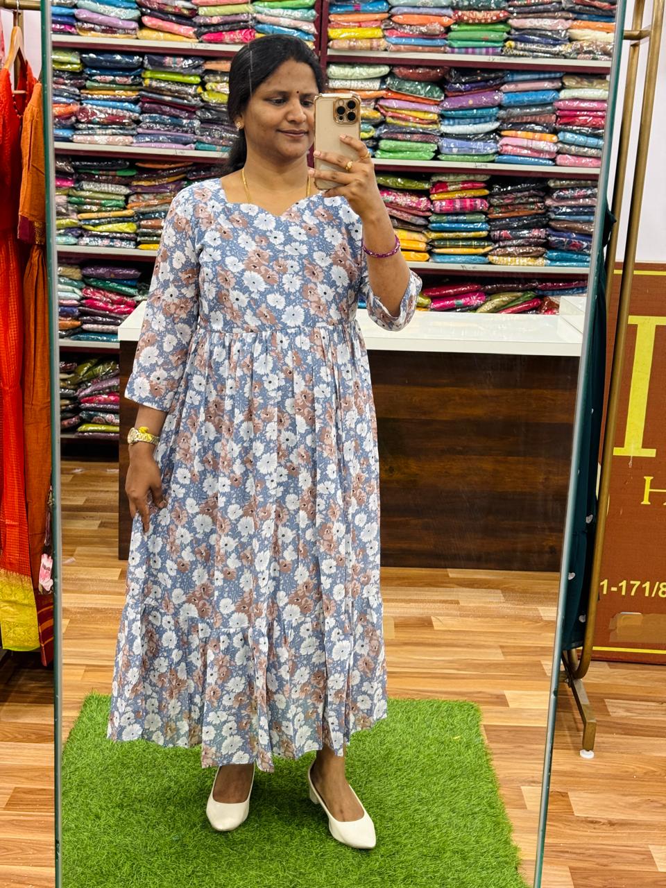 Floral Georgette Frocks-Snow Blue