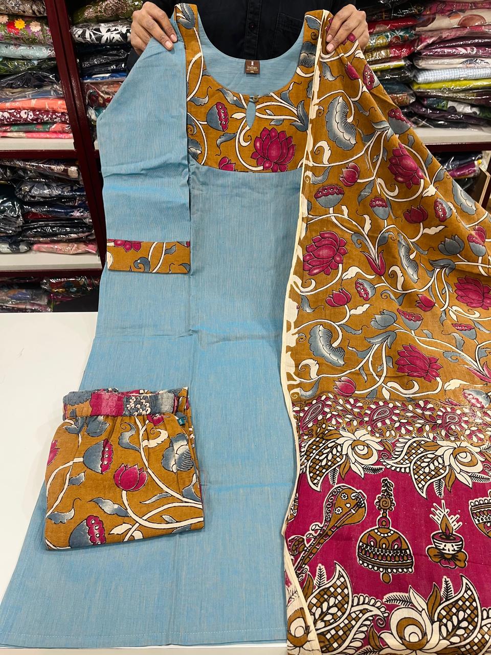 Kalamkari 3Pc Set- Snow Blue