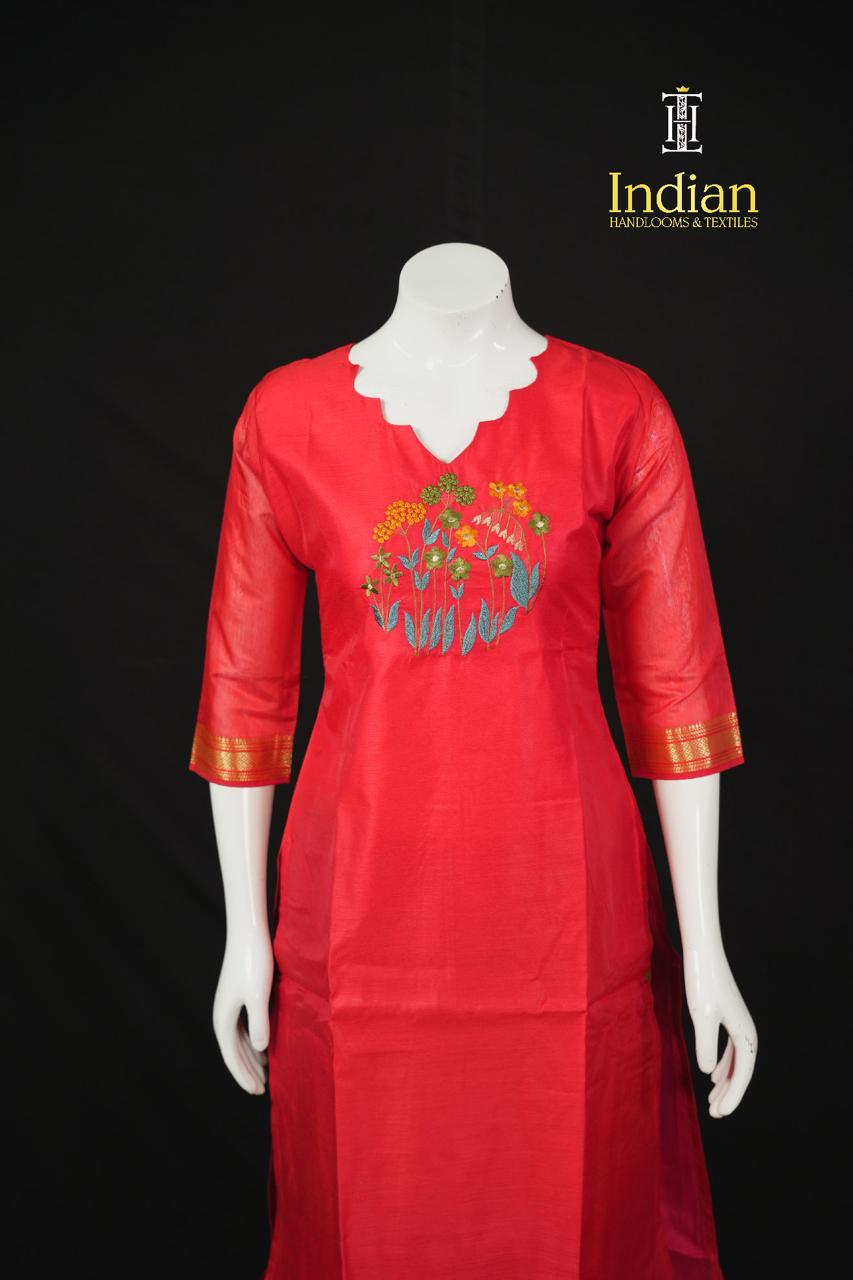 Designer Mangalagiri Pattu 3 Pc Set-Red 1