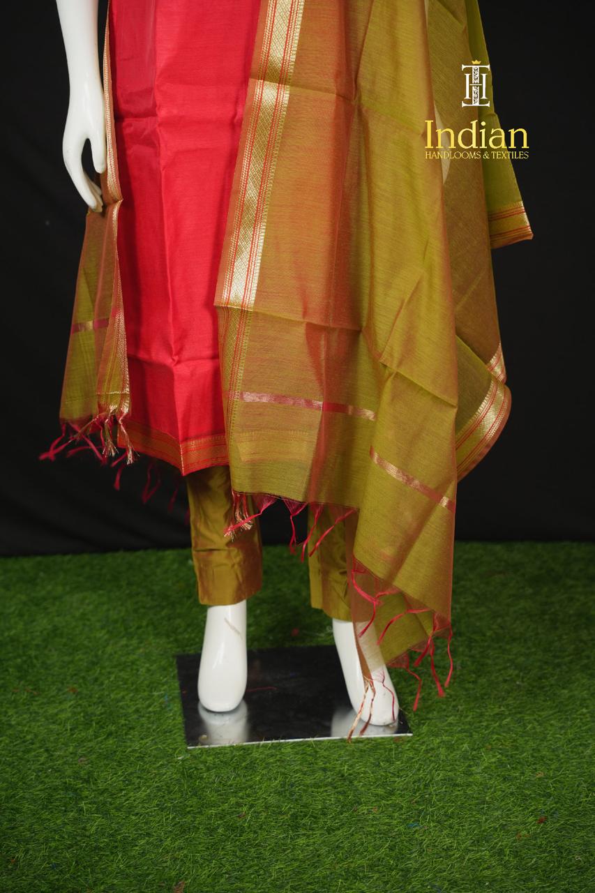 Designer Mangalagiri Pattu 3 Pc Set-Red 1