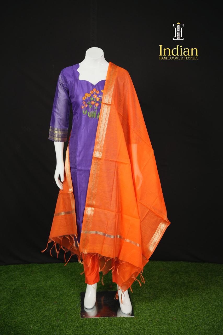 Designer Mangalagiri Pattu 3 Pc Set-Purple 1