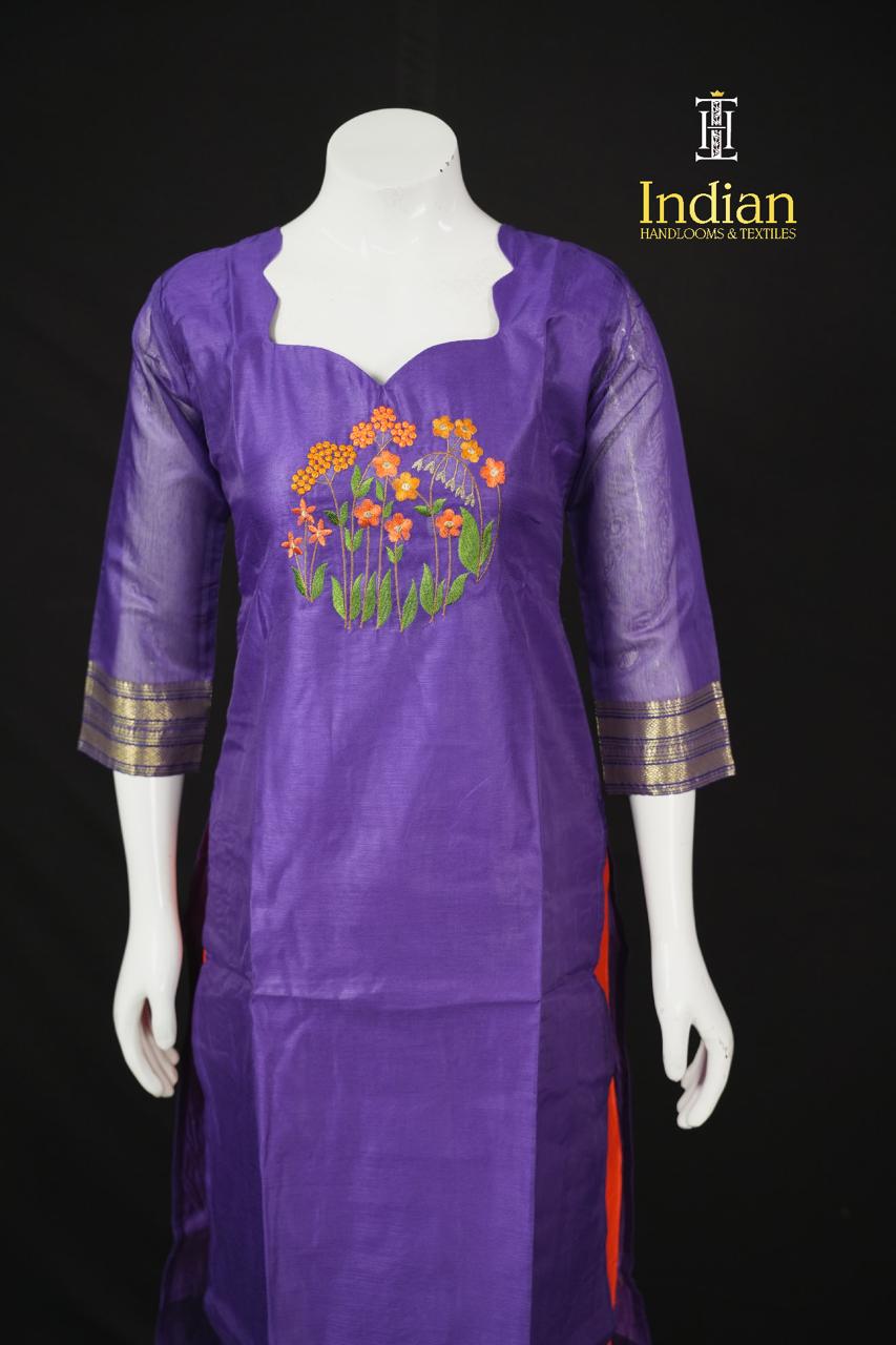 Designer Mangalagiri Pattu 3 Pc Set-Purple 1