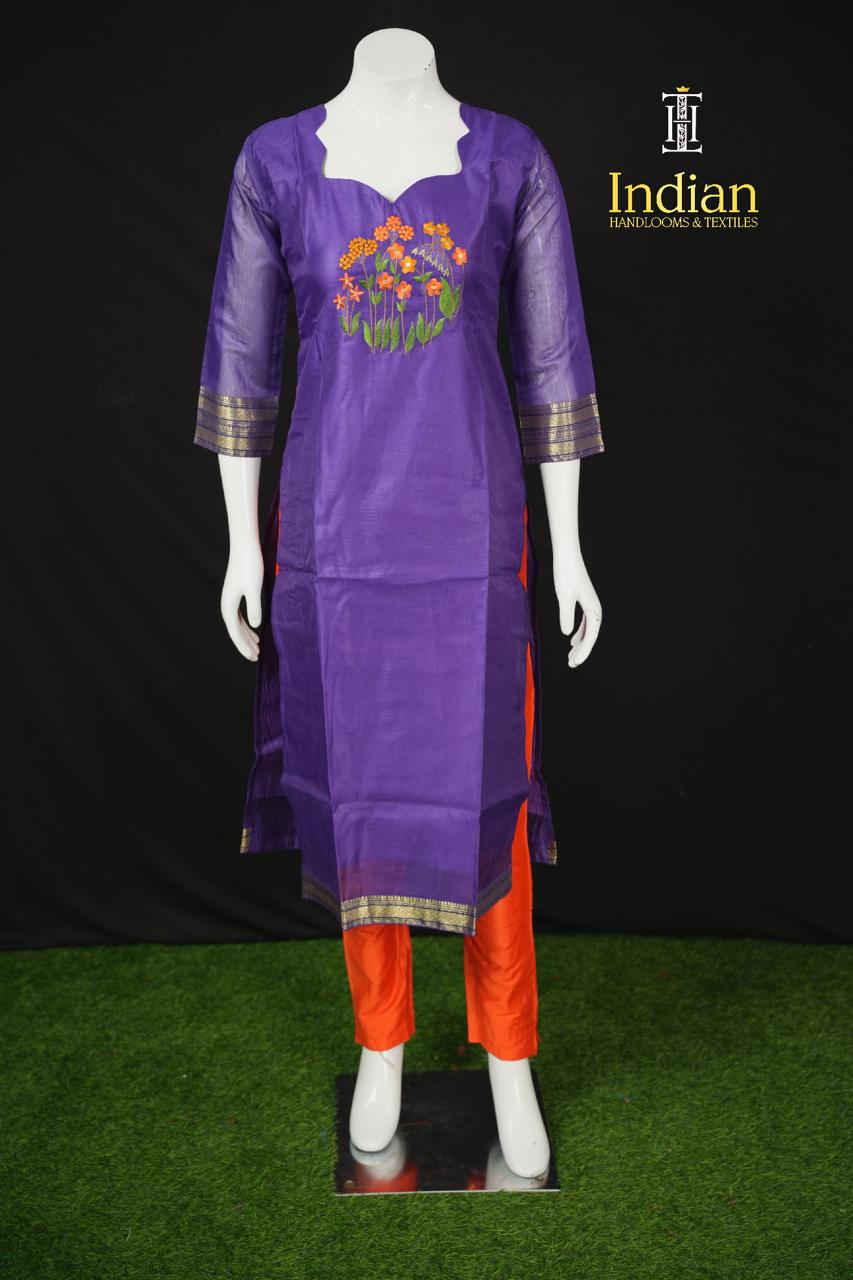 Designer Mangalagiri Pattu 3 Pc Set-Purple 1