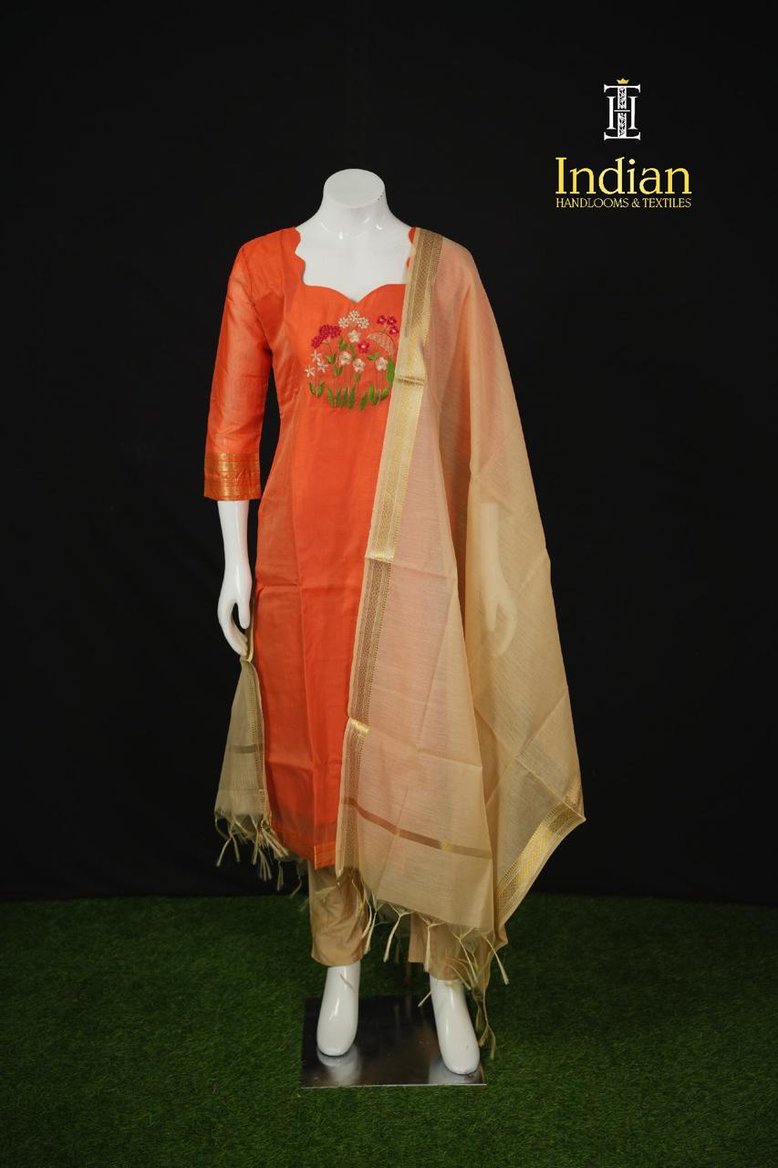 Designer Mangalagiri Pattu 3 Pc Set-Orange 1