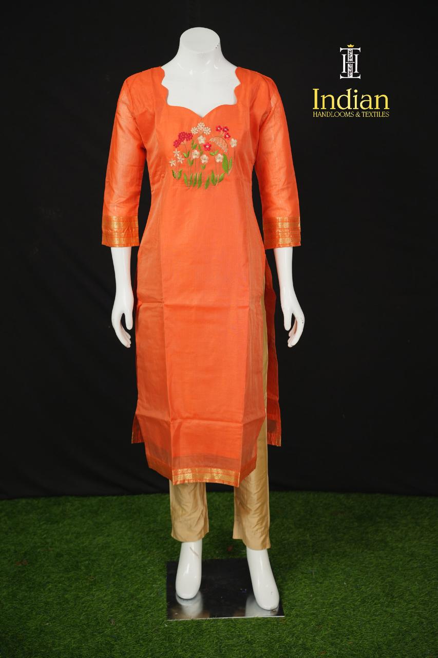 Designer Mangalagiri Pattu 3 Pc Set-Orange 1