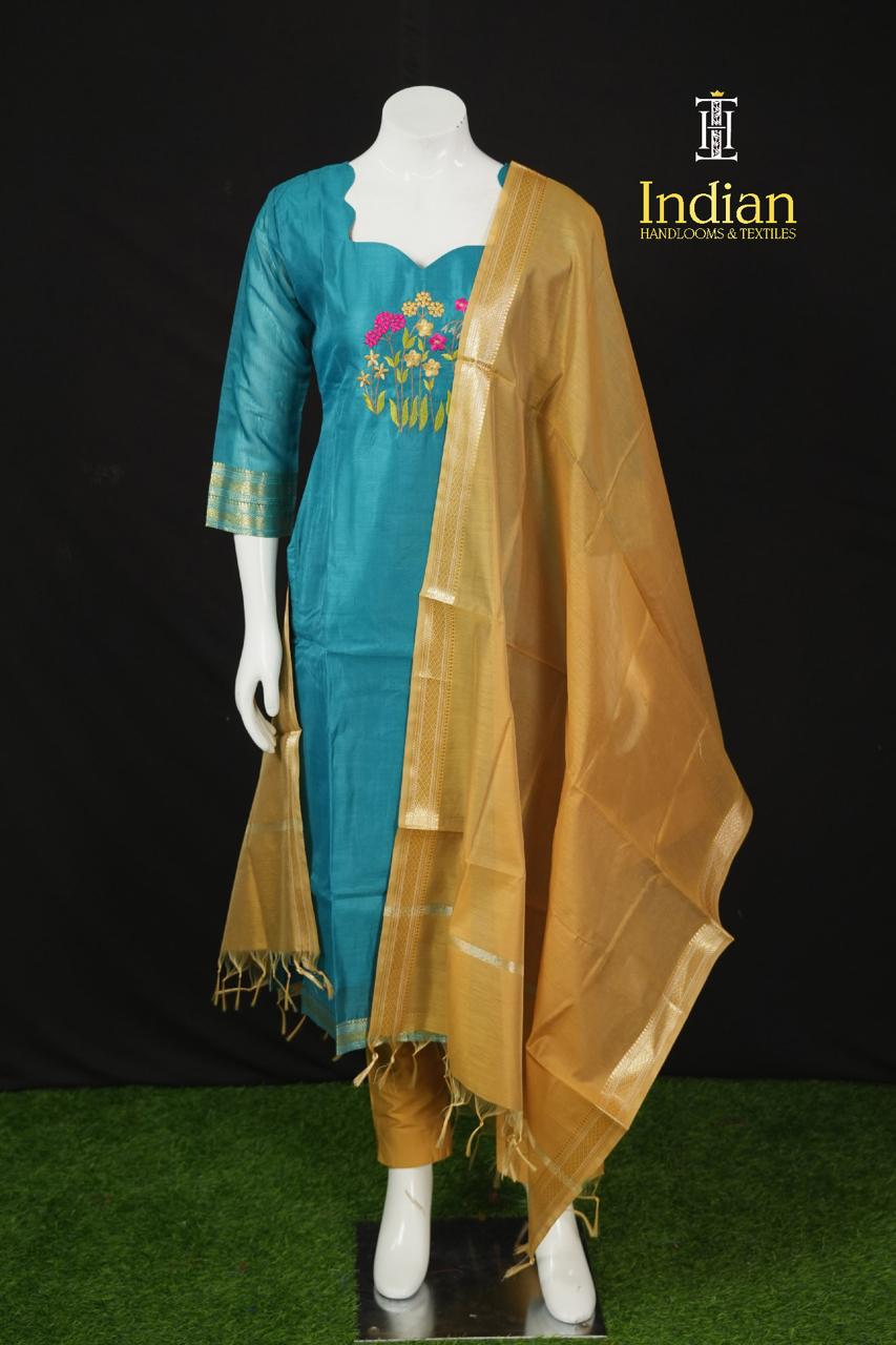 Designer Mangalagiri Pattu 3 Pc Set-Peacock Blue