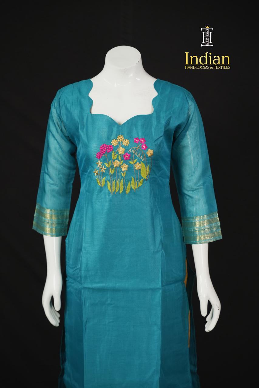 Designer Mangalagiri Pattu 3 Pc Set-Peacock Blue