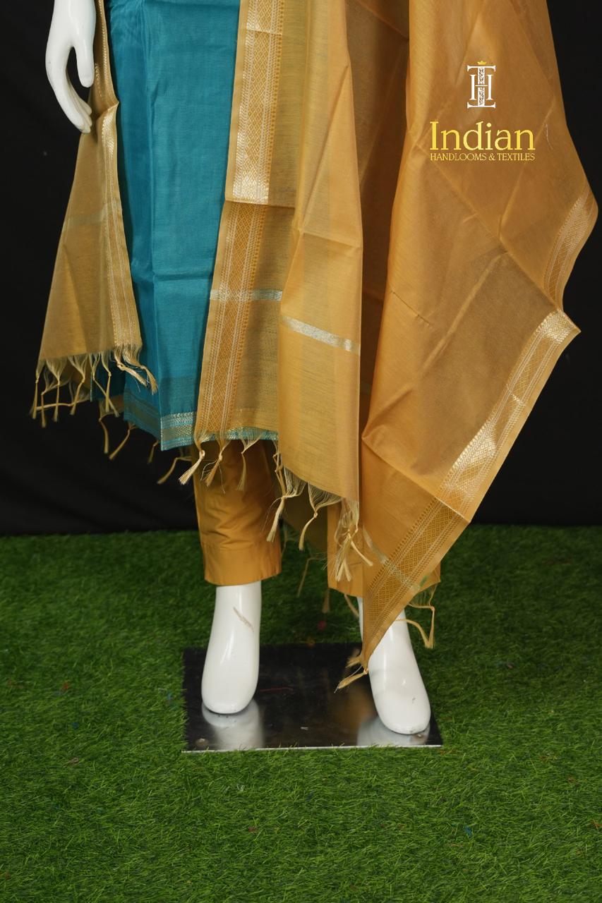 Designer Mangalagiri Pattu 3 Pc Set-Peacock Blue