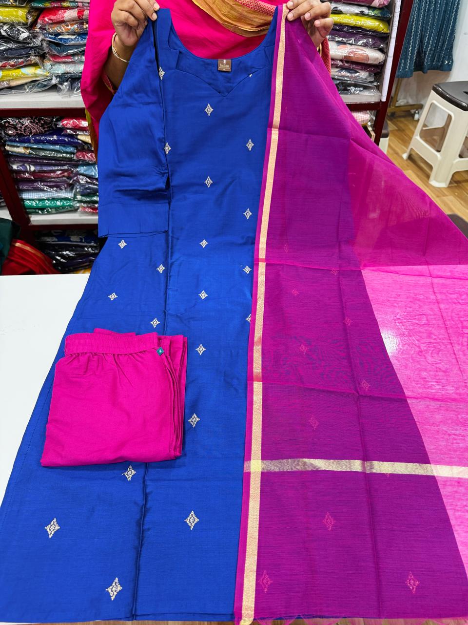 Raw Silk Contrast Concept Set-Blue