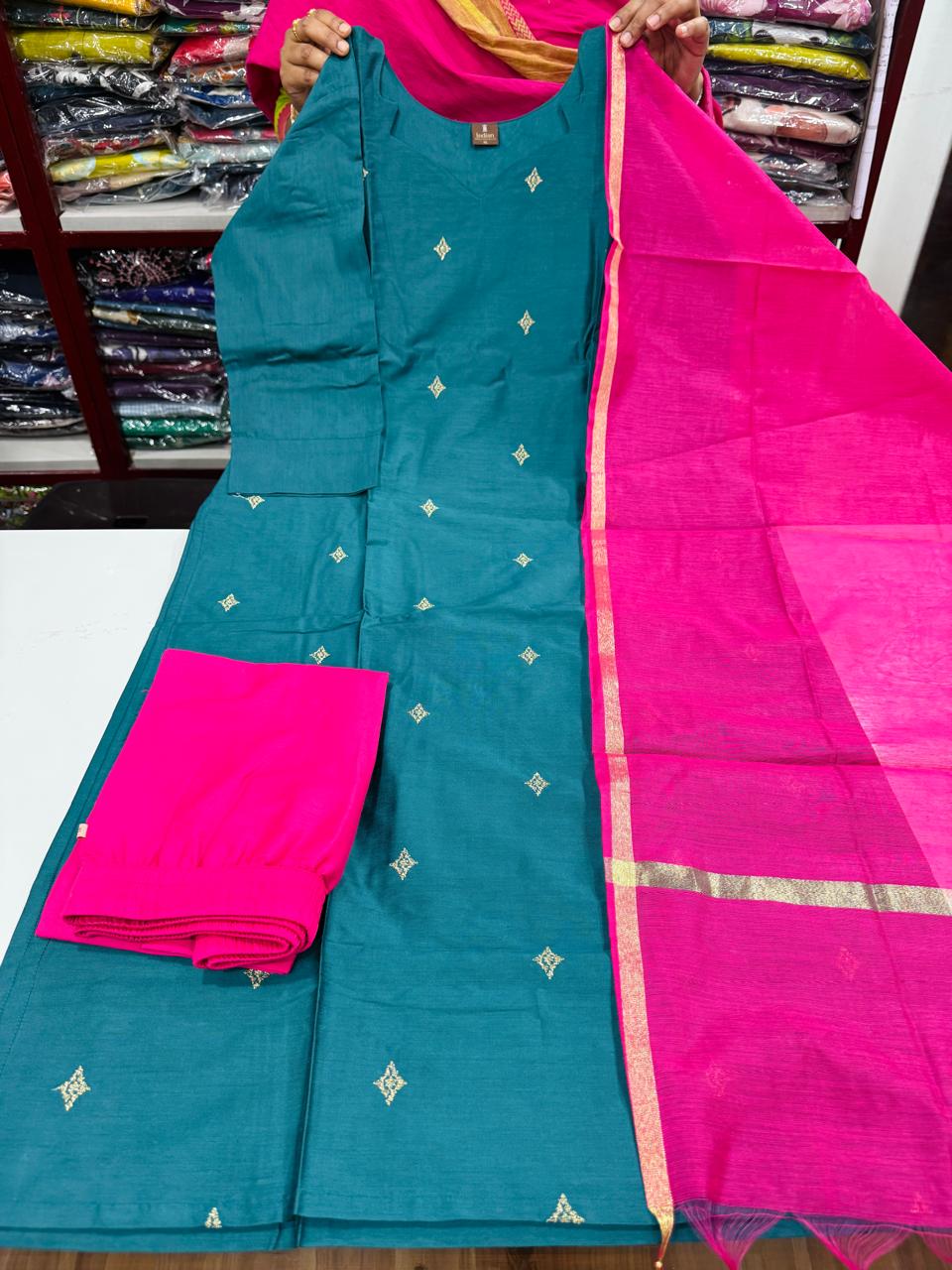 Raw Silk Contrast Concept Set-Sea Green