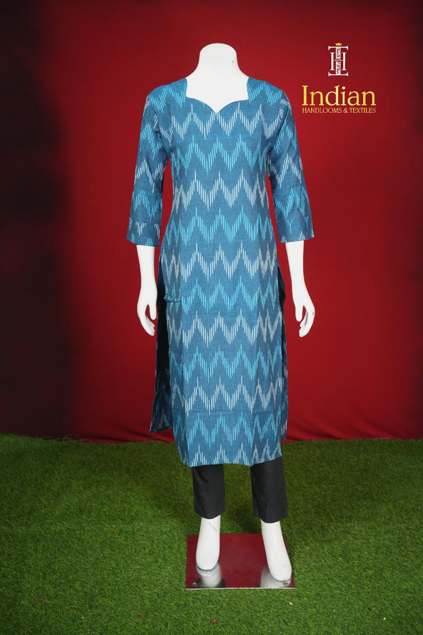Pure Ikkat Cotton 3 Pc Set- Blue &amp; Black