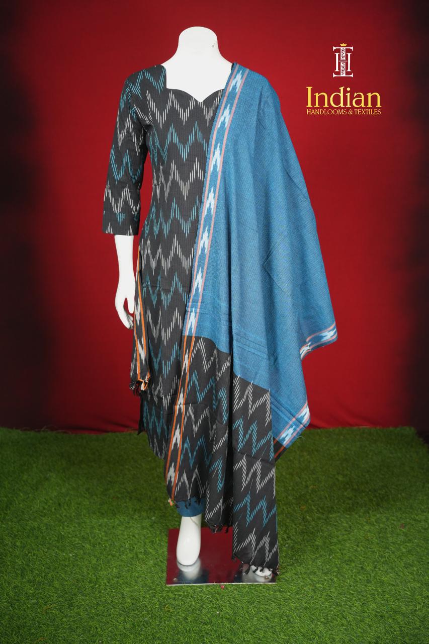 Pure Ikkat Cotton 3 Pc Set- Black And Blue