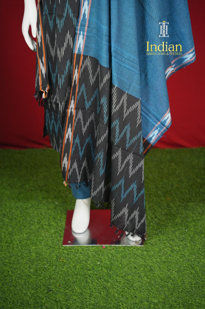Pure Ikkat Cotton 3 Pc Set- Black And Blue
