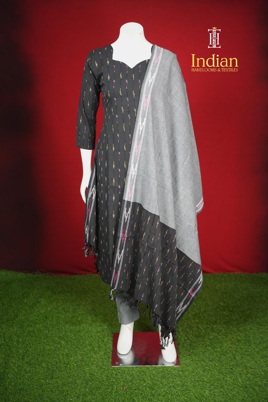 Pure Ikkat Cotton 3 Pc Set- Black &amp; Grey