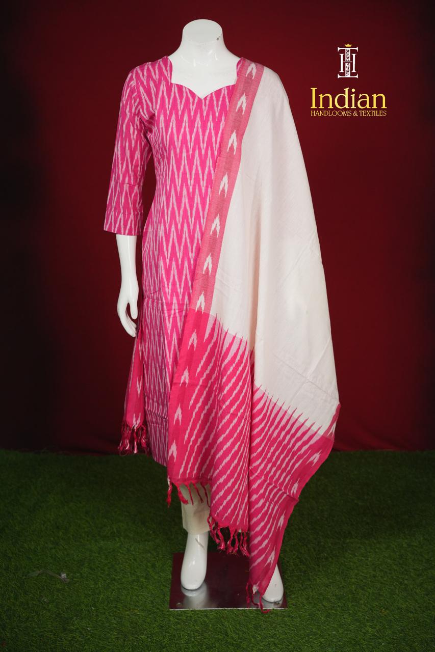 Pure Ikkat Cotton 3 Pc Set- Pink &amp; White
