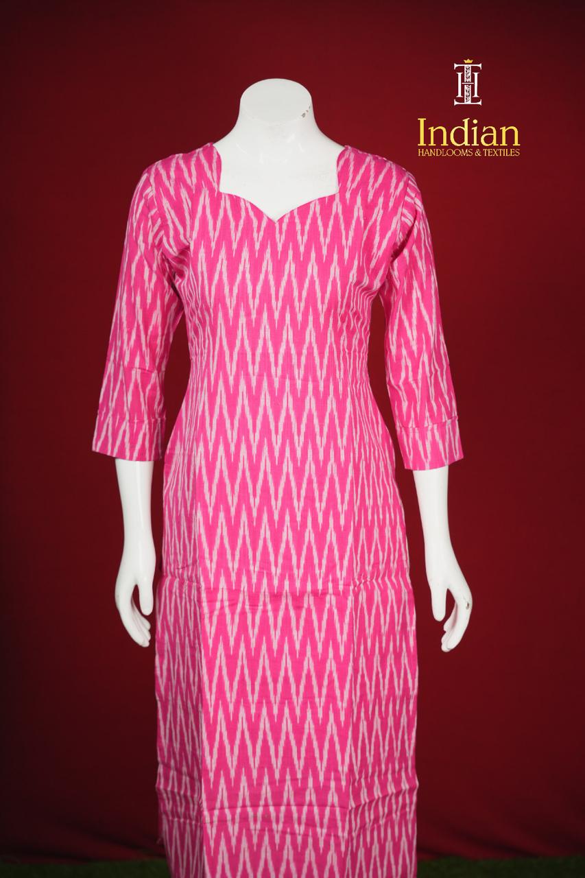 Pure Ikkat Cotton 3 Pc Set- Pink &amp; White