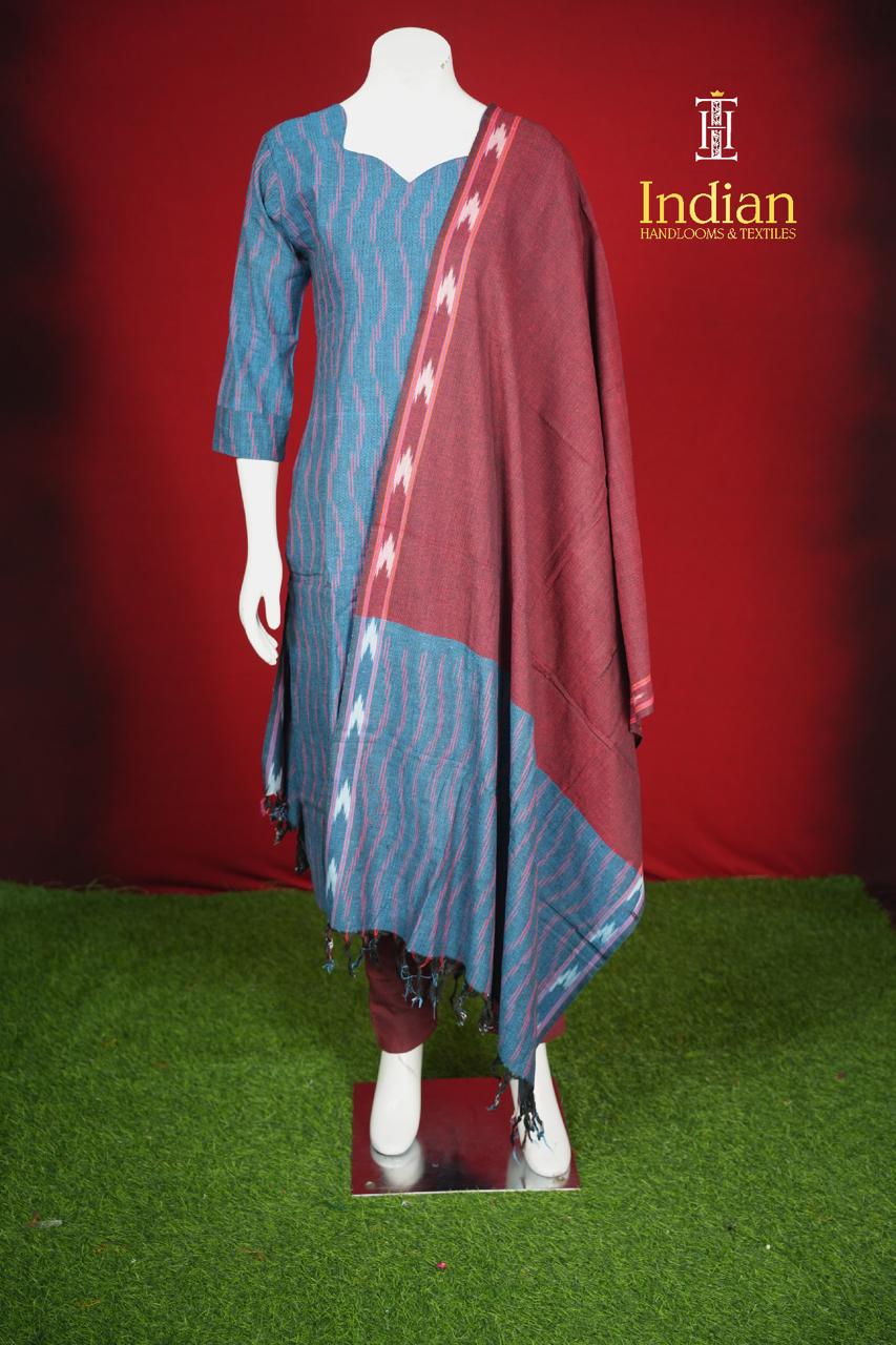 Pure Ikkat Cotton 3 Pc Set- Blue &amp; Maroon