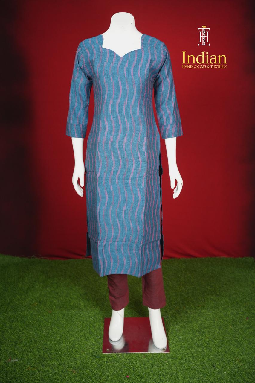 Pure Ikkat Cotton 3 Pc Set- Blue &amp; Maroon