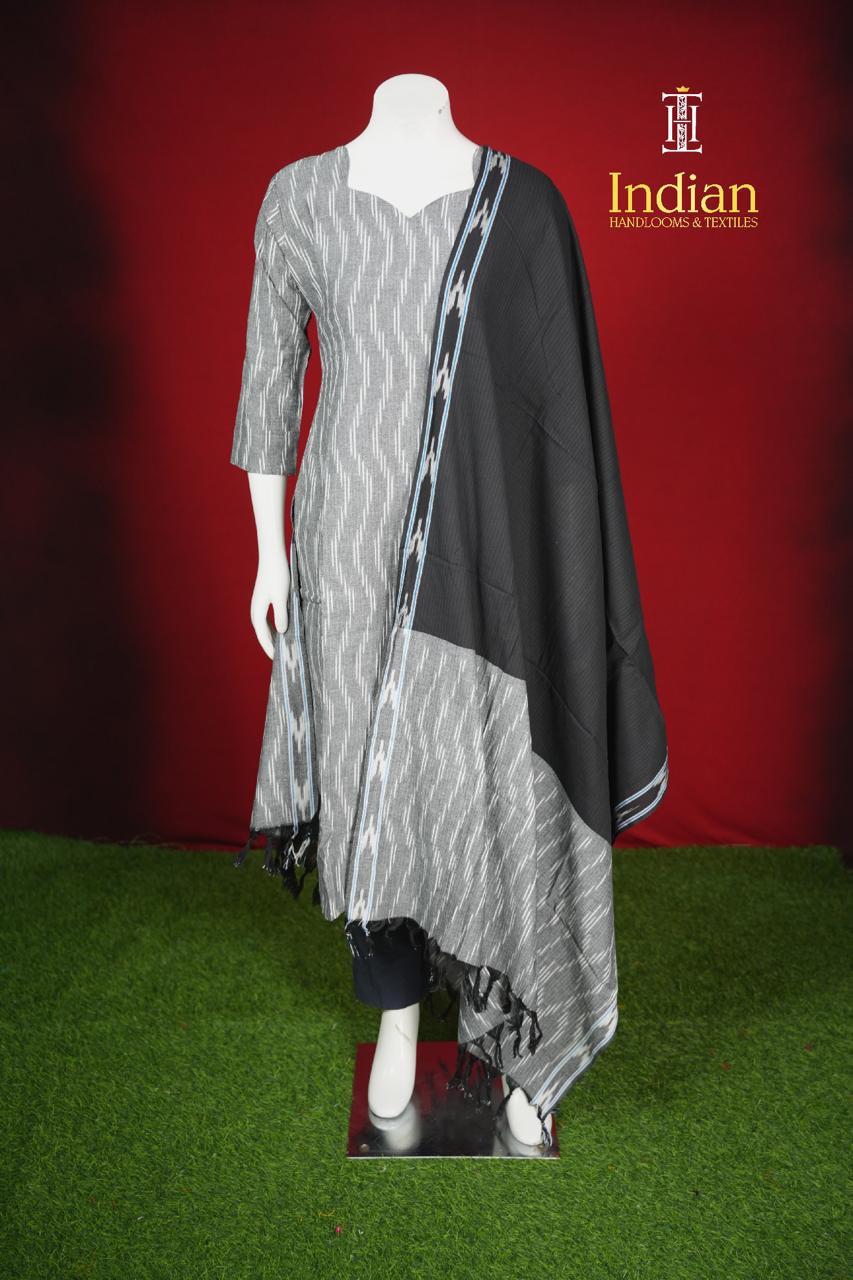 Pure Ikkat Cotton 3 Pc Set- Grey And Black