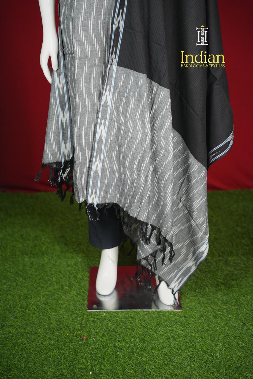 Pure Ikkat Cotton 3 Pc Set- Grey And Black