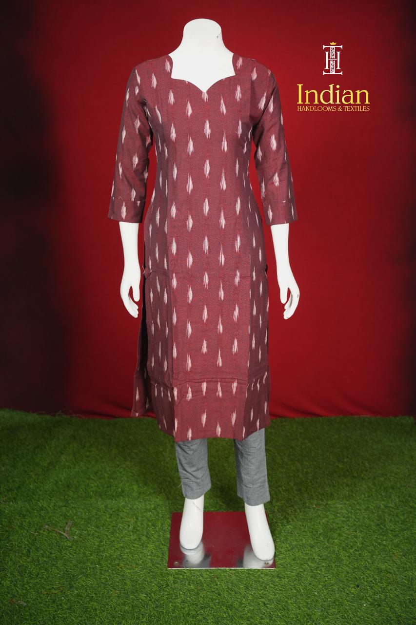 Pure Ikkat Cotton 3 Pc Set- Maroon &amp; Grey