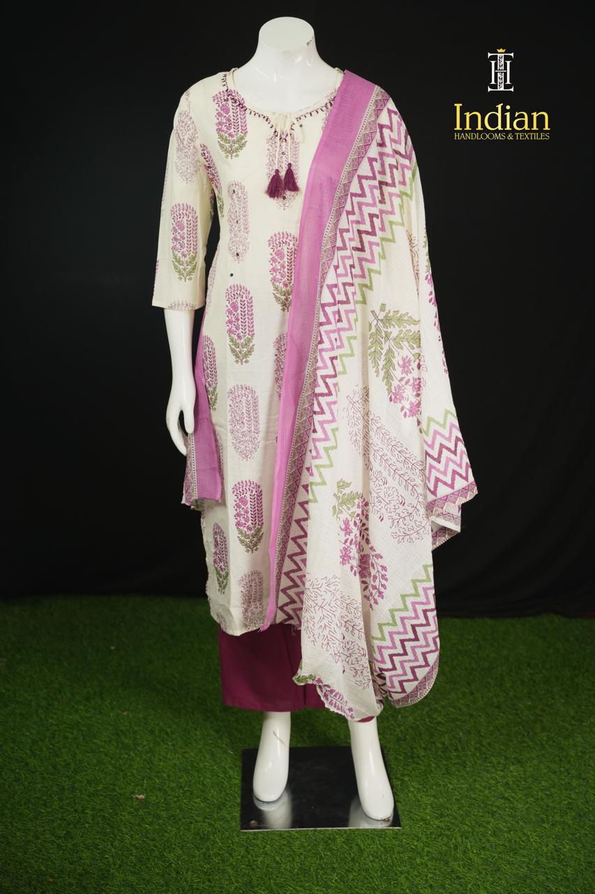. Jaipuri Cotton Sets - White &amp; Pink