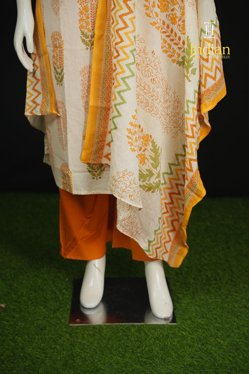 . Jaipuri Cotton Sets - White &amp; Yellow