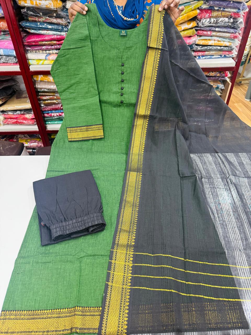 2 Mangalagiri Cotton Sets-Dark Green