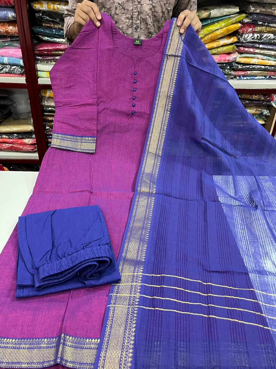 Mangalagiri Cotton Sets- Purple &amp; Blue