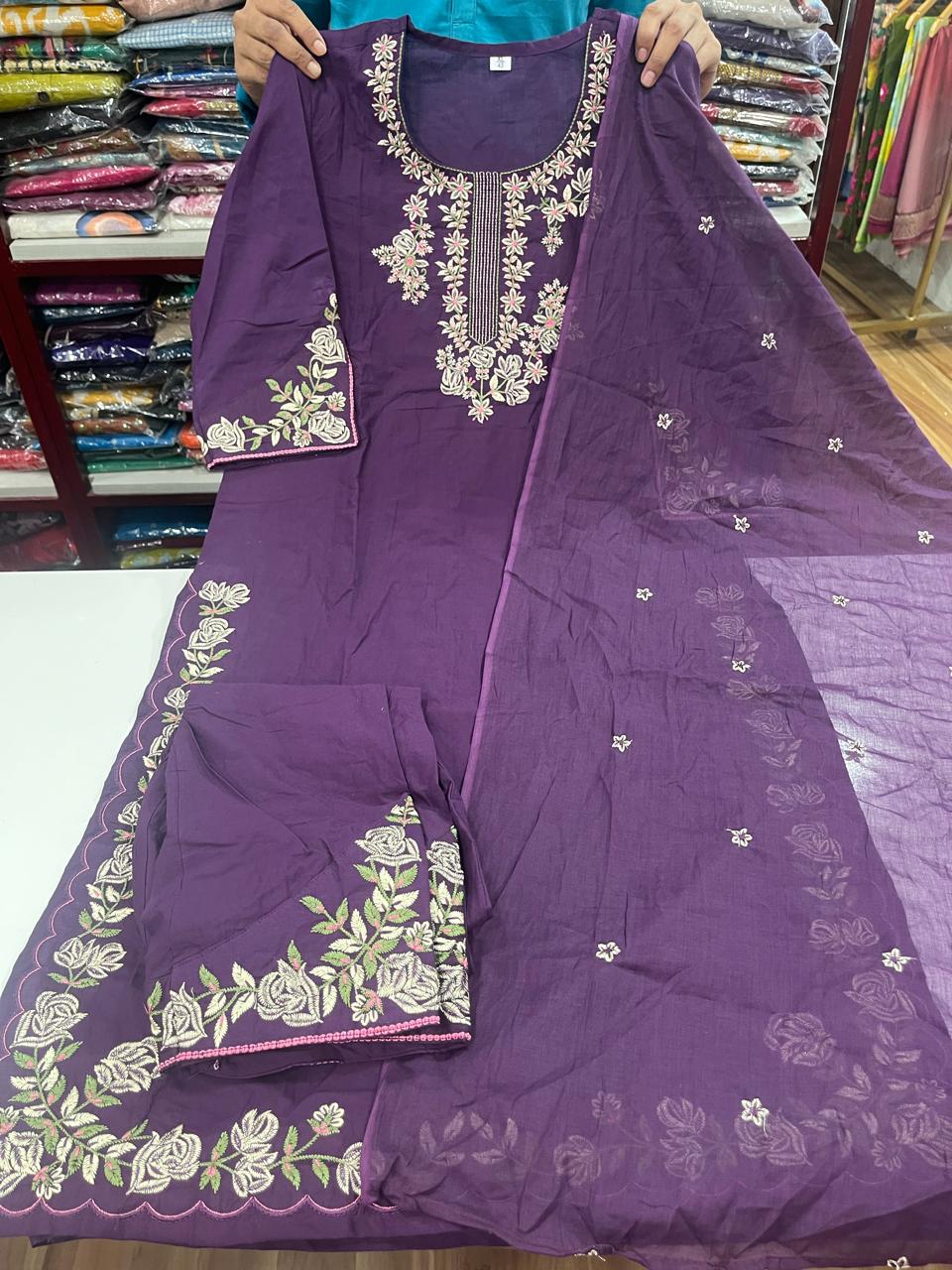 Embroidered Jaipuri Cotton Sets - Purple