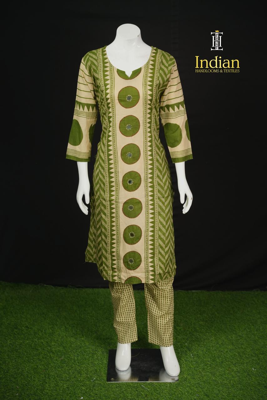 Designer Jaipuri Cotton Sets - Half White &amp; Green