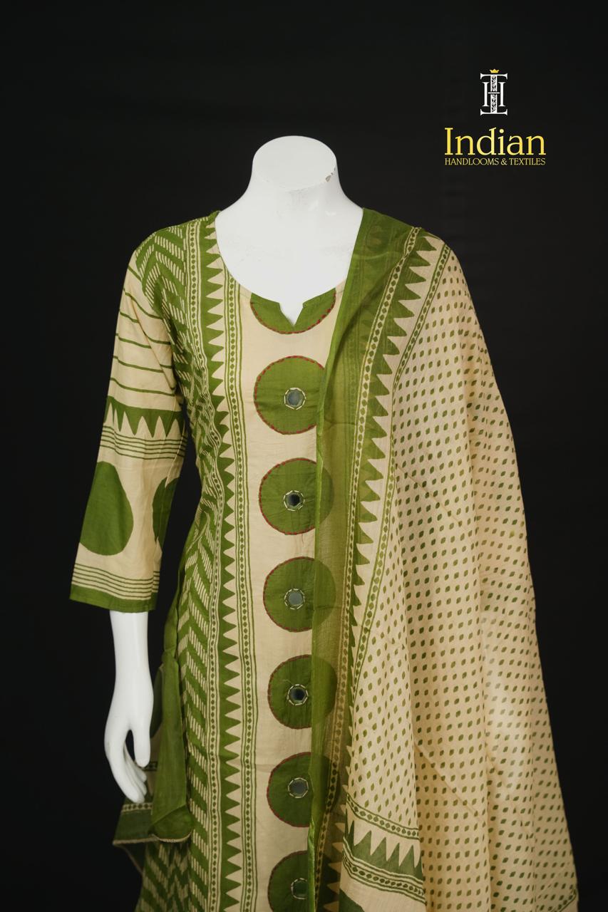Designer Jaipuri Cotton Sets - Half White &amp; Green
