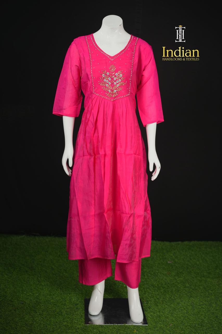Designer Mul Chanderi Aline Cut 3Pc Sets- Dark Pink