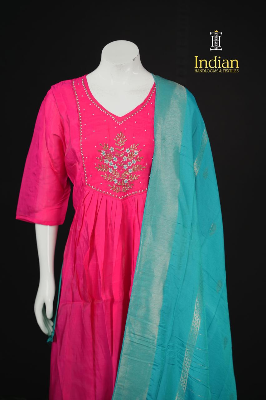 Designer Mul Chanderi Aline Cut 3Pc Sets- Dark Pink