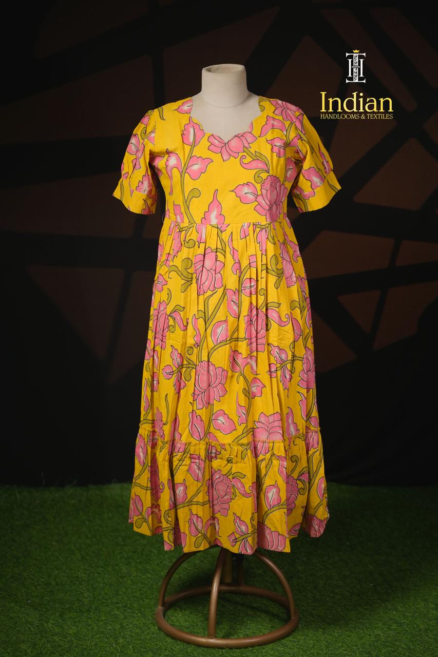 P Kalamkari Cotton Frocks- Yellow