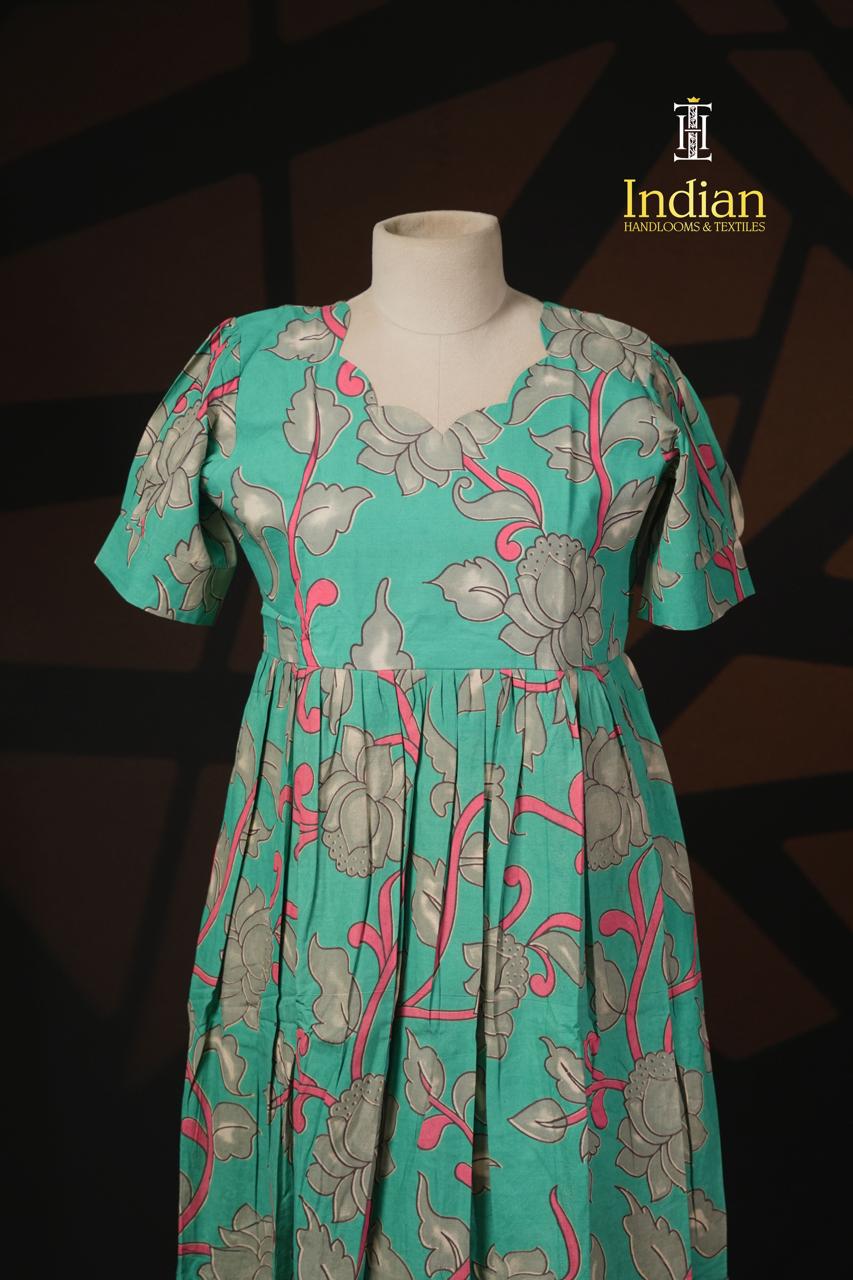 P Kalamkari Cotton Frocks- Sea Green