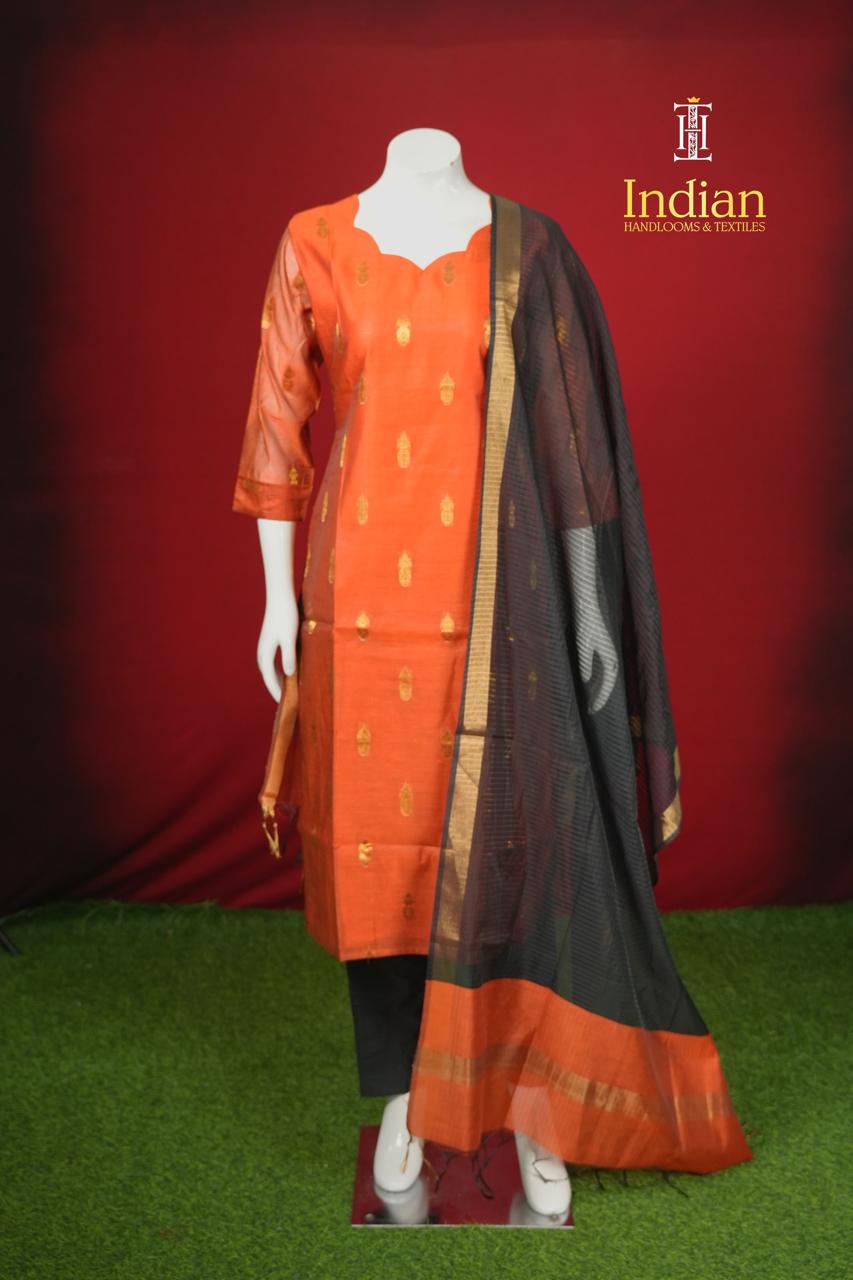Premium Banaras Silk Set-Orange &amp; Black