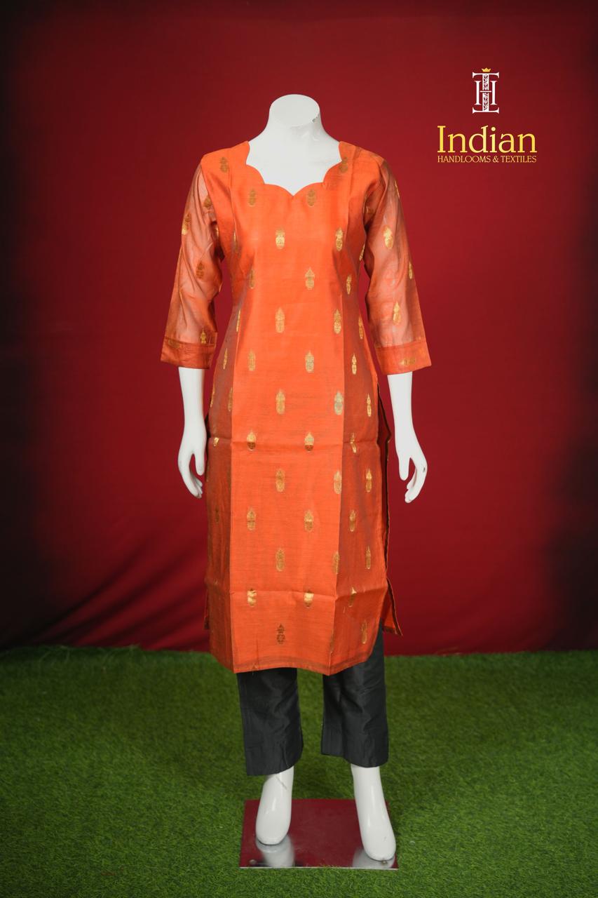 Premium Banaras Silk Set-Orange &amp; Black