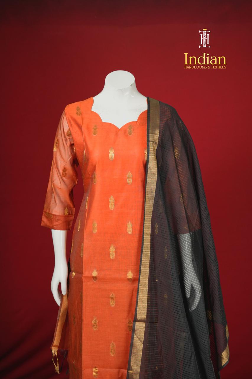 Premium Banaras Silk Set-Orange &amp; Black