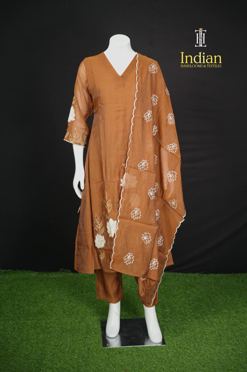 Designer Mul Chanderi Aline Cut 3Pc Sets-Lite Brown