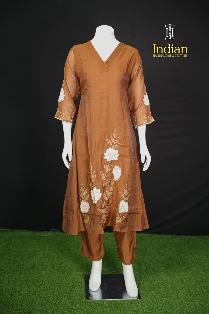 Designer Mul Chanderi Aline Cut 3Pc Sets-Lite Brown