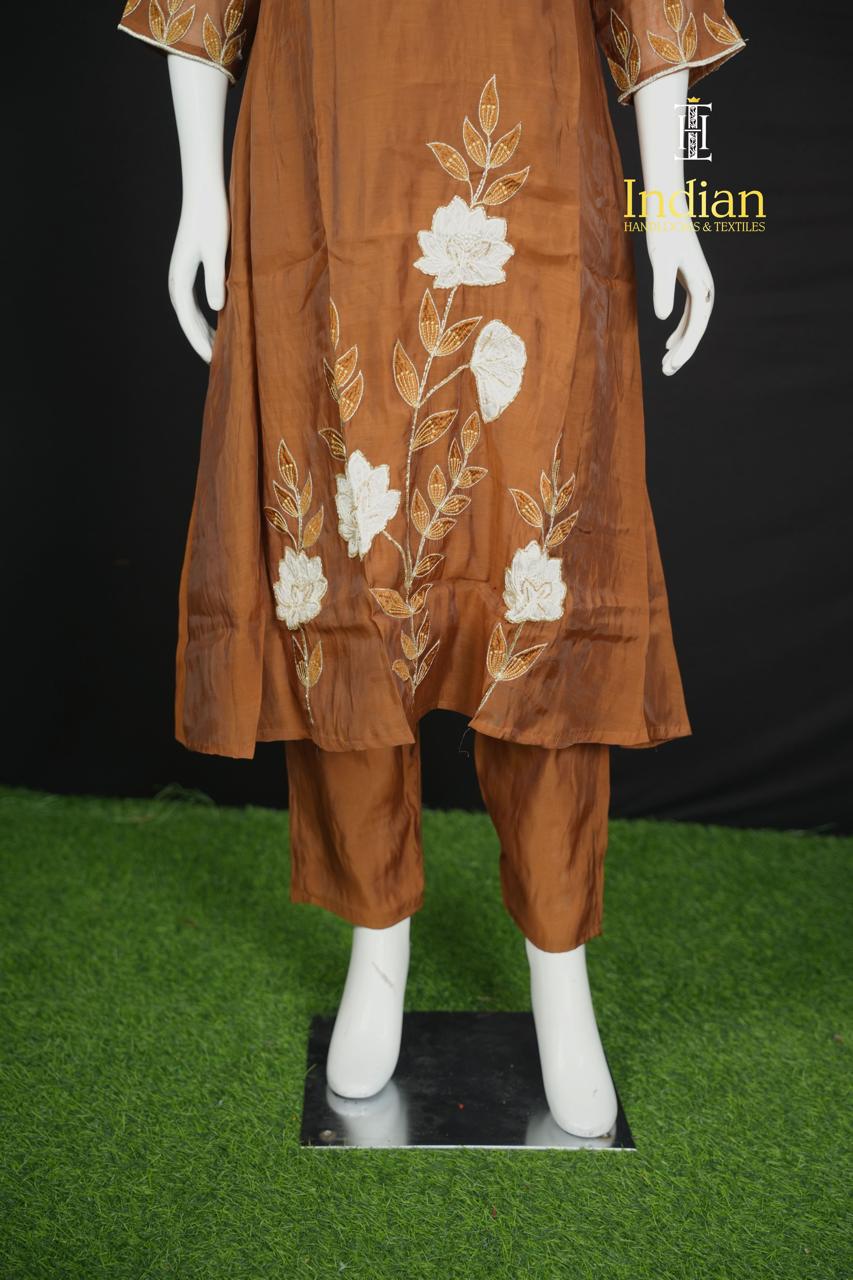 Designer Mul Chanderi Aline Cut 3Pc Sets-Lite Brown
