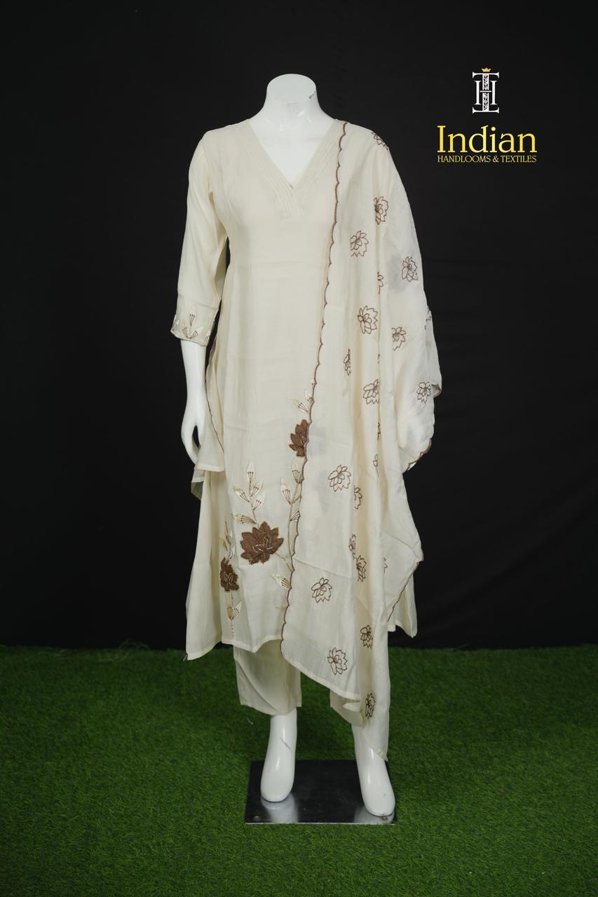 Designer Mul Chanderi Aline Cut 3Pc Sets-Half White
